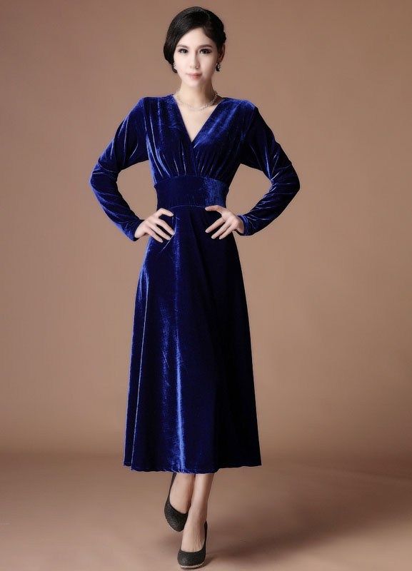A Line Royal Blue Velvet V Neck Tea Length Fashion Cocktail Dress #u11 ...