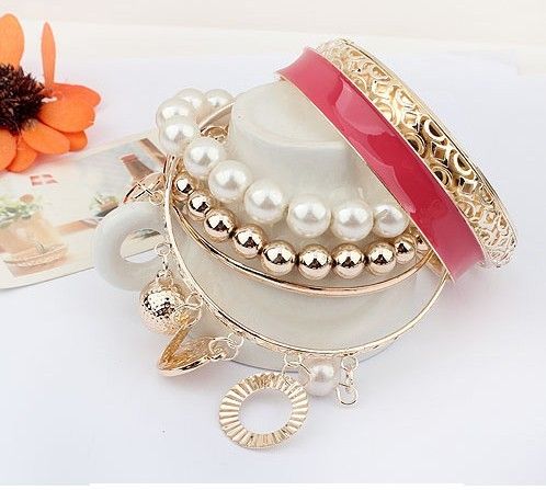 Fashion Girls Bracelets conjuntos de ouro / pérola pulseira oco multilayer017