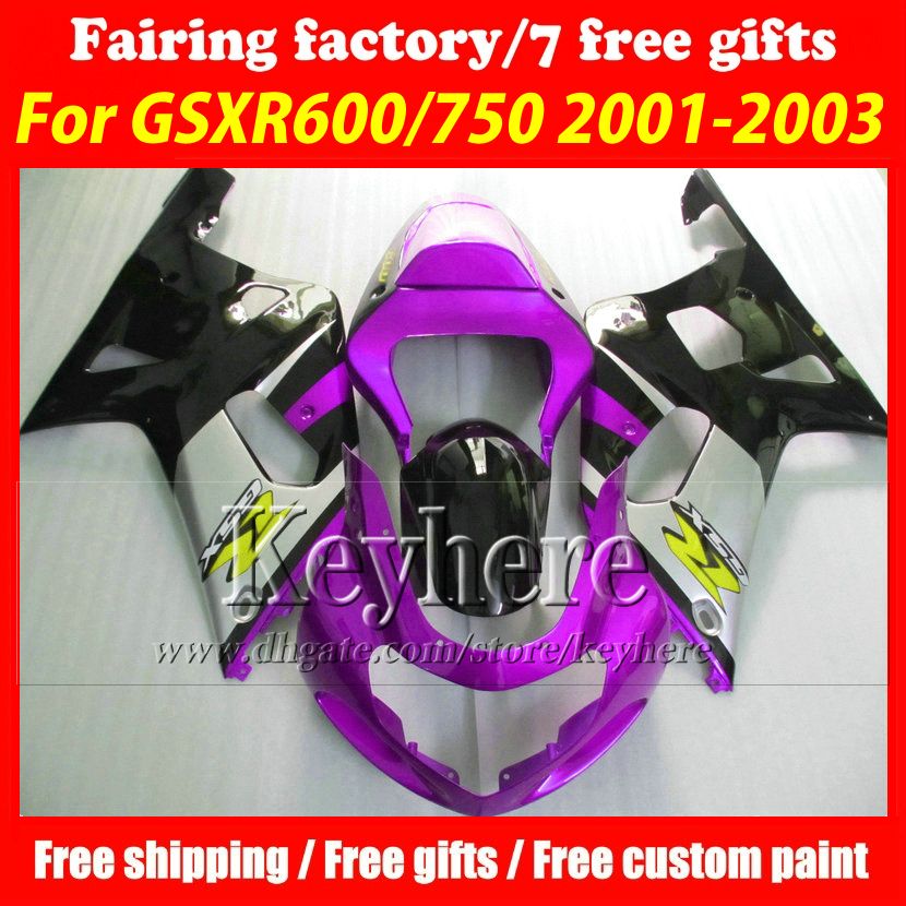 

Free 7 gifts fairing kit for SUZUKI GSXR600 01 02 03 GSX R600 R750 2001 2002 2003 GSXR 600 750 K1 fairings r1i silver purple black bodywork, Same as picture