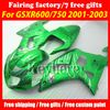 Gratis 7 gåvor Fairing Kit för SUZUKI GSXR600 01 02 03 GSX R600 R750 2001 2002 2003 GSXR 600 750 K1 Fairings R9K Silver Flames Green Bodywork