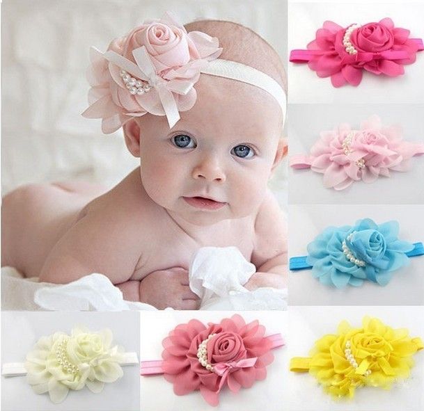 New! Baby Girl Chiffon Pearl Beaded Headband Kids Rose Satin Bow