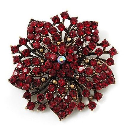 Broche de noivado de flor de cristal Vintage-Bronze chapeado vermelho Rhinestone