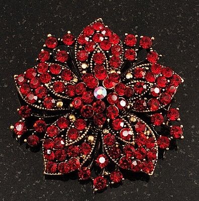 Broche de noivado de flor de cristal Vintage-Bronze chapeado vermelho Rhinestone