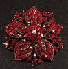Vintage-Bronze Plated Red Rhinestone Crystal Flower Engagement Brooch