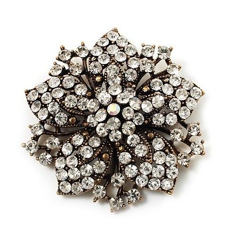 Broche vitoriano de cristal Vintage-Bronze chapeado claro Rhonestone flor