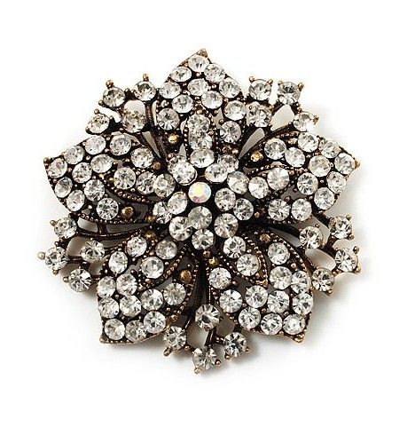 Spilla vittoriana con fiore in cristallo di strass trasparente placcato in bronzo vintage