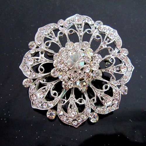 Broche grande de cristal chapeado de prata da flor do Rhinestone do Vintage-Ródio para o casamento