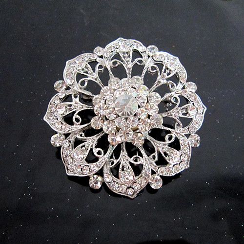 Broche grande de cristal chapeado de prata da flor do Rhinestone do Vintage-Ródio para o casamento