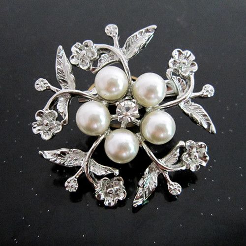 Broche Vintage-Rhodium Argent Plaqué Clair Strass Cristal Crème Perle Fleur Broche