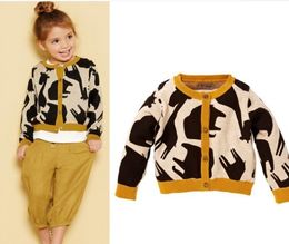 Presell bebê meninas primavera, outono, Rinoceronte, girafa padrão casaquinho de malha clássico botão de crochê de malha camisolas crianças girl fashion casaco 6pcs/monte