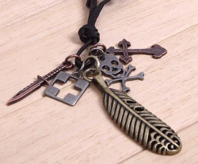 Leather Strap Necklace With Cross Gun Key Sword Feather Charm Pendant