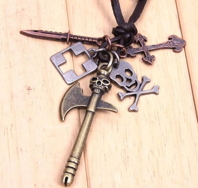 Leather Strap Necklace With Cross Gun Key Sword Feather Charm Pendant