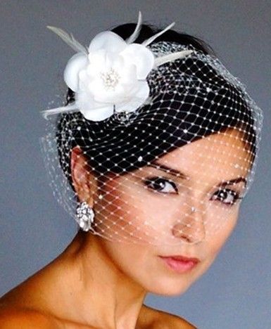 Ivory Birdcage Veil 1 Flower Rose Feather Short Wedding Veils