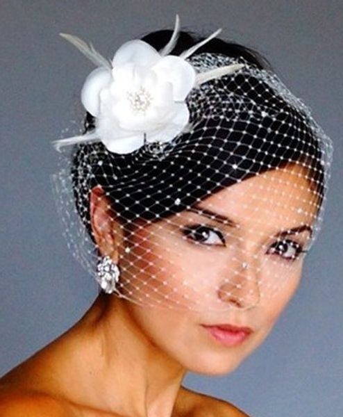 Ivory Birdcage Veil 1 Flower Rose Feather Short Wedding Veils