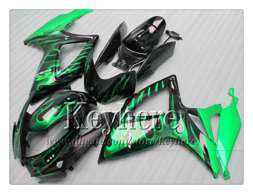 7 presentes! kits de carenagem de injeção para SUZUKI 06 07 GSXR 600 750 K6 GSXR600 GSXR750 2006 2007 carenagem r1i verde chamas peças da motocicleta negra