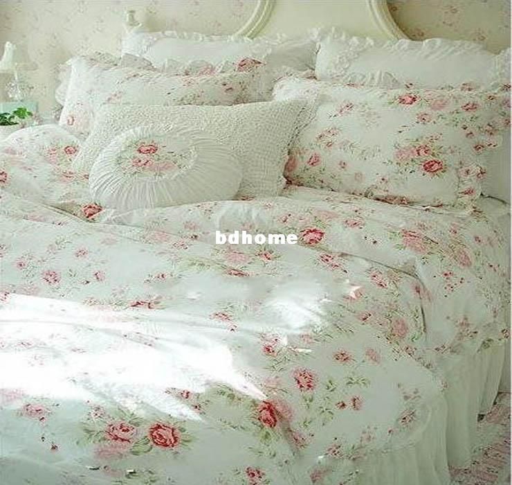 Vintage Red Rose Princess Bedding Set Floral Cotton Girls Duvet