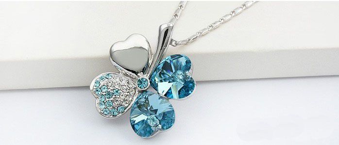 Turquoise Blue Crystal Lucky Clover Pendant Chain Necklace #23269