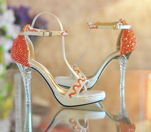 Öppna tå högklackade plattformskor Orange Beaded Ultra High Heels Sommarkluk Skor Bröllop Bröllop Skor Bridesmaid Skor Sommar Sandaler