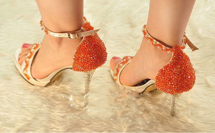 Öppna tå högklackade plattformskor Orange Beaded Ultra High Heels Sommarkluk Skor Bröllop Bröllop Skor Bridesmaid Skor Sommar Sandaler