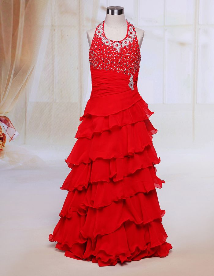 2013 on sale fashion halter floor length beaded ruffle chiffon flower girl dress red kids gown