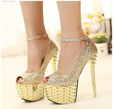 2013 New Black Gold Rivets Studded Spike Ankle Strap High Heels Pumps ...