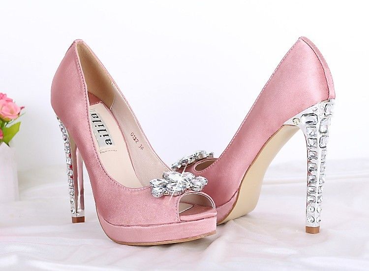 Kvinnors Rosa Svart Röd Satin Rhinestone Peep Toes Platform Pumps Lady Bröllop Bridesmaid Party Dress High Heels Sandal Shoe Gratis Shipp