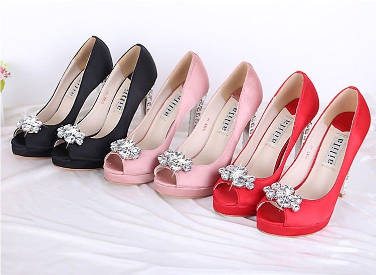 Kvinnors Rosa Svart Röd Satin Rhinestone Peep Toes Platform Pumps Lady Bröllop Bridesmaid Party Dress High Heels Sandal Shoe Gratis Shipp