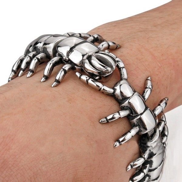 Free ship! 107g Huge & Heavy casting 35mm Stainless Steel cool Men's jewelry retro punk biker centipede link bracelet bangle FOR father