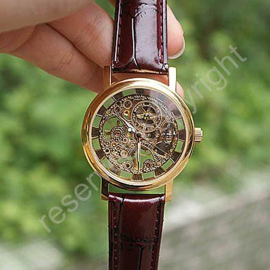 Zwycięzca mody szkielet pusta męska biznesowa ręka wiatru wiatr mężczyźni ubieraj skórzany pasek mechaniczny zegarek na nadgarstku245e