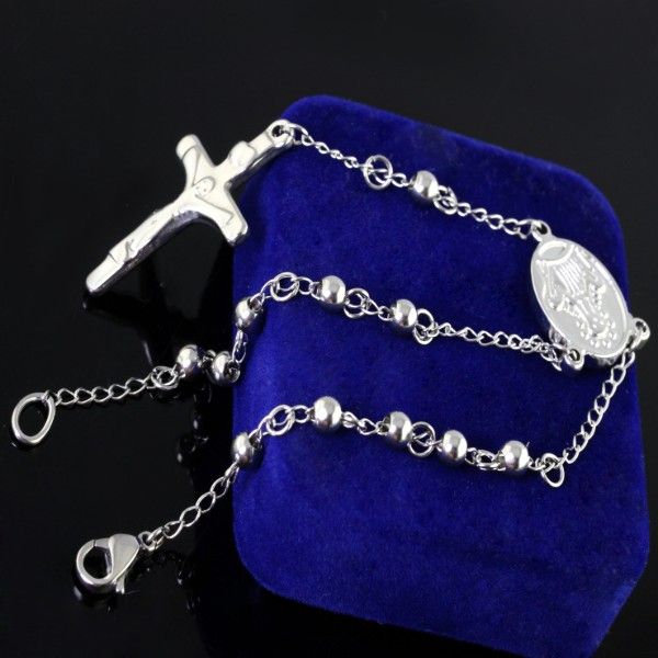 Hotsale 100% Stainless Steel Silver Tone men Women's Fashion Jesus Cross rosary chain Bracelet, NSS034