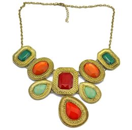 Geometry Colorful Resin Gem Choker Bib Necklaces Vintage Style Bronze Plated