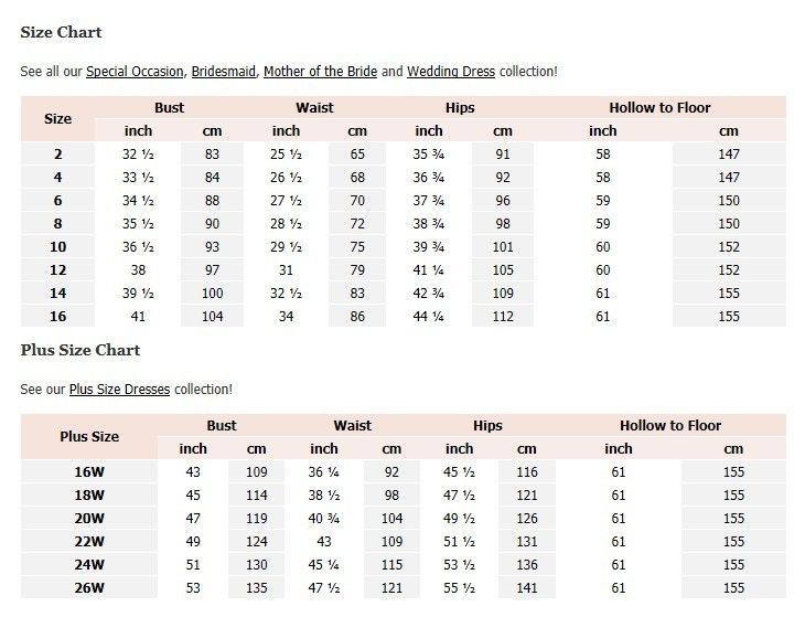 Prom Dress Size Chart