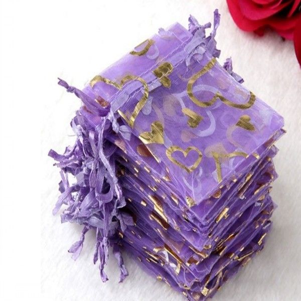 3 '' * 4 '' violet boîte à bijoux de luxe Organza bijoux pochettes cadeaux sacs pour bague de mariage faveur sacs pochette avec coeur doux