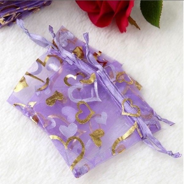 3 '' * 4 '' violet boîte à bijoux de luxe Organza bijoux pochettes cadeaux sacs pour bague de mariage faveur sacs pochette avec coeur doux