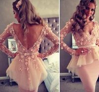 Wholesale Myriam Fares Sheath V Neck Short Lace Appliqued Backless Tulle Cocktail Length Celebrity Dresses with Peplum and Long Sleeves dhyz