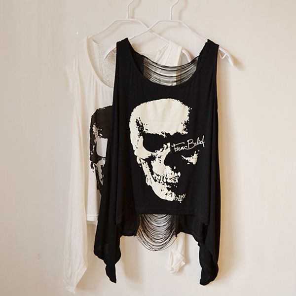 Vintage Tassel Open Back SKULL PUNK Singlet Tank Top Long Tee T Shirt ...