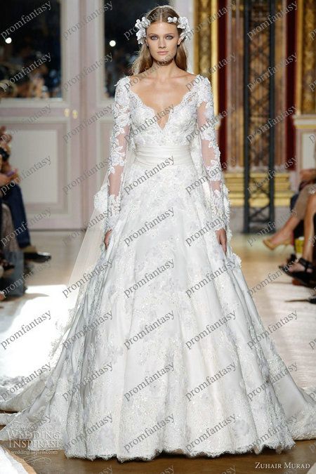 2013 New Sexy Zuhair Murad Luxury Beach Wedding Dresses V Neck Sheer Illusion Long Sleeves Lace up Satin Appliques Chapel Train Bridal Gowns