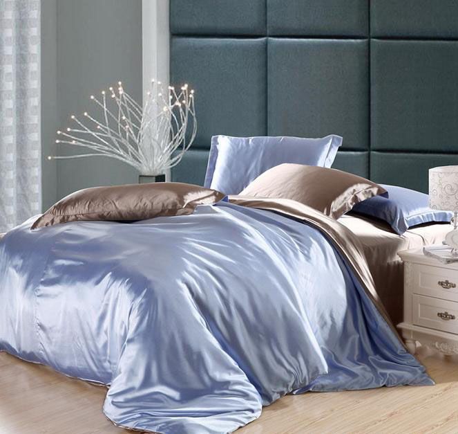 Brown Silk Tencel Bedding Set, Light Blue Queen Bedding