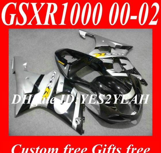 2000 2001 2002 için kaporta kaporta SUZUKI GSXR1000 GSX R1000 K2 00 01 02 GSXR 1000 R1000 gümüş siyah Fairing vücut kiti + hediyeler SM66
