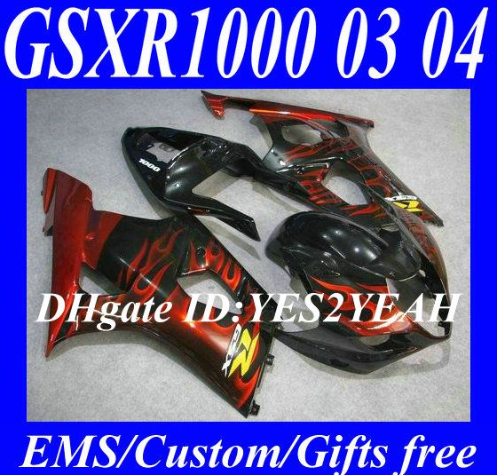 7ギフト！ Motocycle Fairings for 2003 2004 Suzuki GSXR1000 GSX R1000 K3 03 04 GSXR 1000 R1000赤い炎光沢ブラックフェアリングLK70