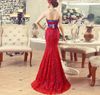 Floor Length Sparkling Sweetheart Shinning Beaded Crystals Split Blue and Red Lace Mermaid Prom Dresses Evening Gowns