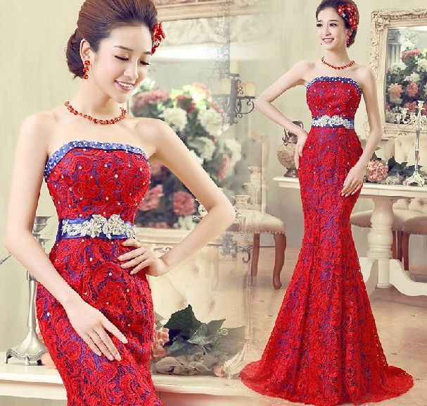 Vloerlengte Sparkling Sweetheart Shinning Beaded Crystals Split Blue and Red Lace Mermaid Prom Jurken Avondjurken