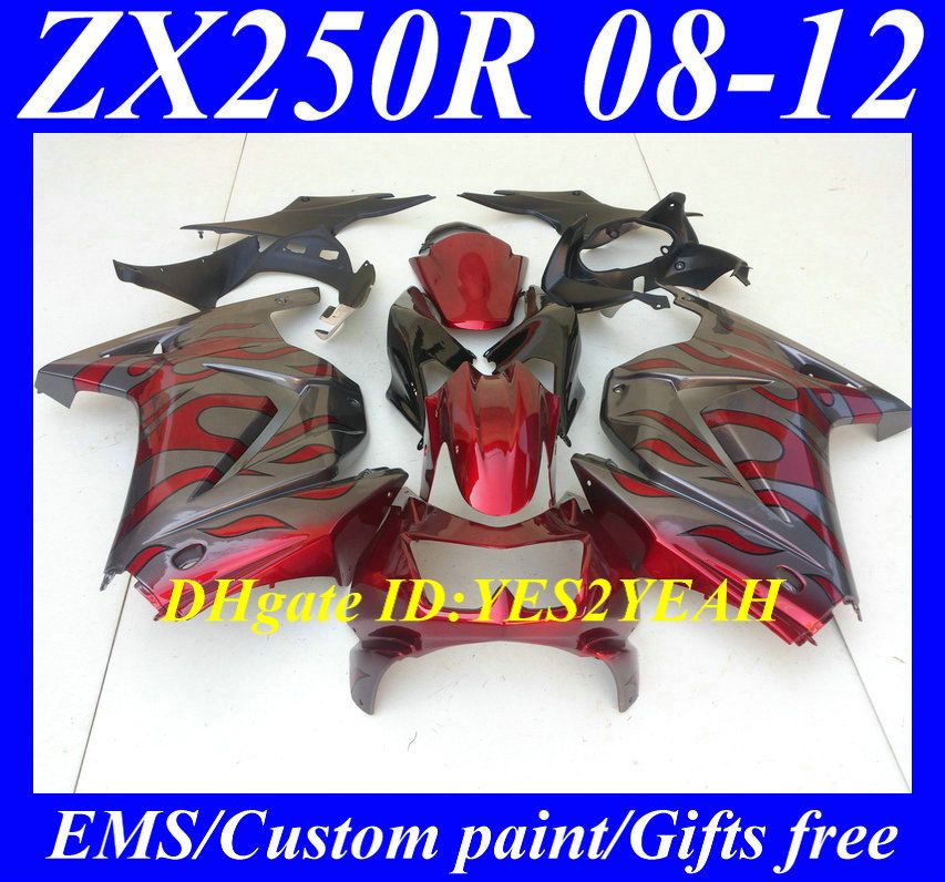 KAWASAKI Ninja ZX250R ZX 250R 2008 2012 EX250 için enjeksiyonlu kaporta karoseri kiti 08 09 10 11 12 Kırmızı gri