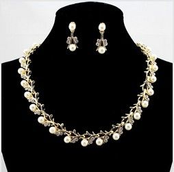 

Gold Plated Cream Pearl and Rhinestone Crystal Bridal Necklace and Earrings Jewelry Set, Golden