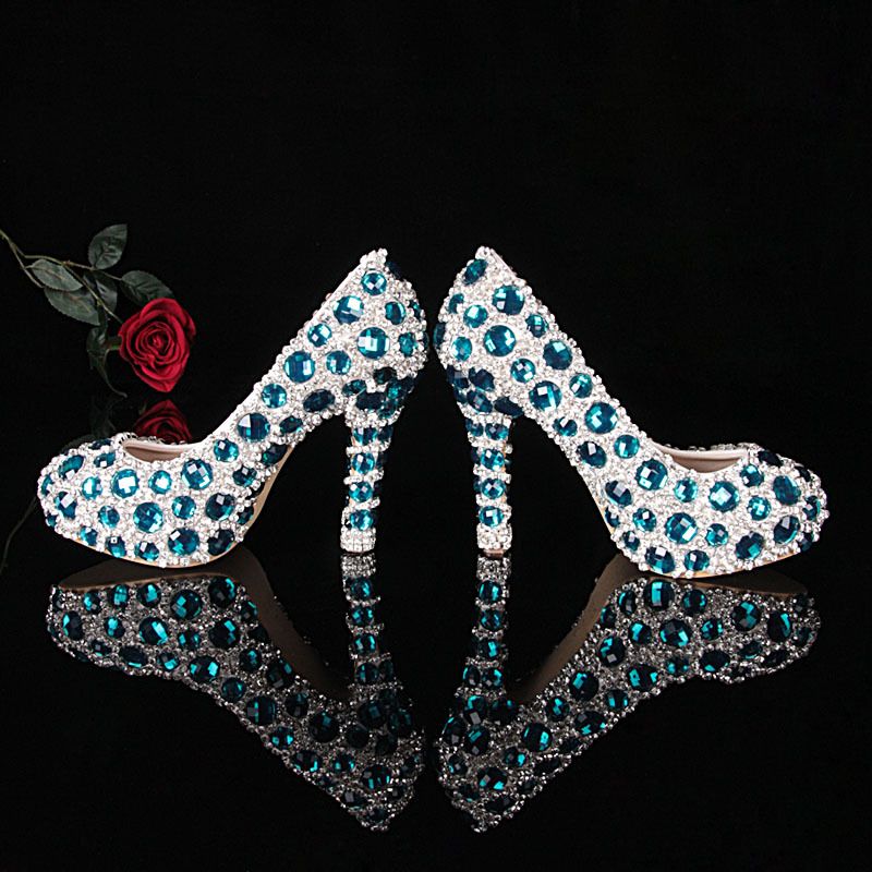 2013 Blue Crystal Heels Shoes Handmade Diamond Shoes Banquet Blue ...
