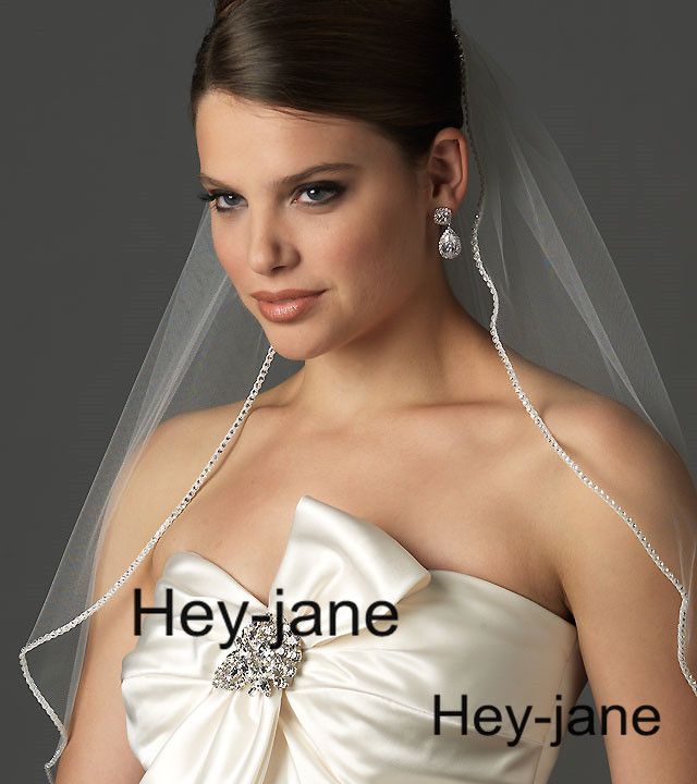 Einlagiger Hochzeits-Brautschleier, weiß, elfenbeinfarben, Ellenbogenlänge, Kristallperlen mit Kamm, echt, Bild 343R