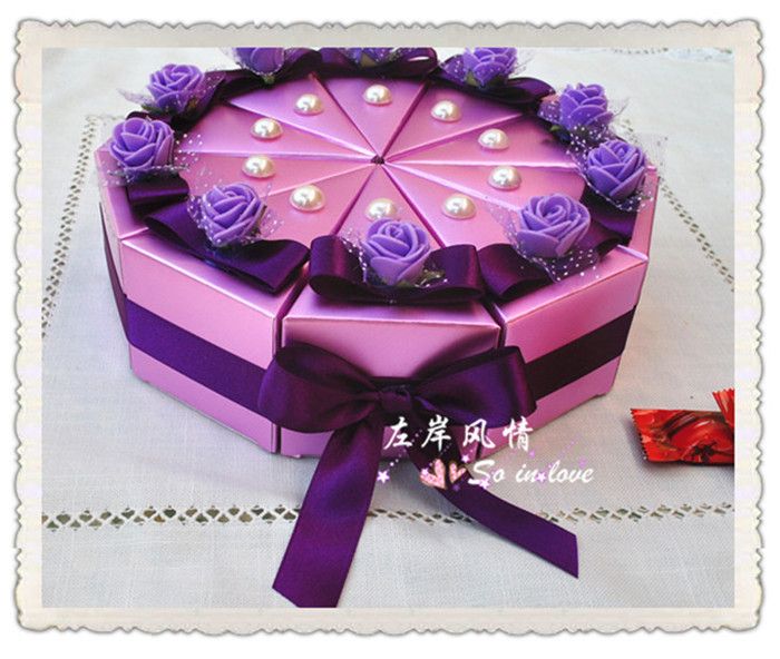 Romantic Purple Candy Boxes Cake Shape Purple Flower Decoration Bowknot