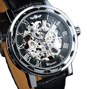 Zwycięzca Klasyczny Koszulkowy Dial Ręcznie Nawiązujący Mechaniczny Sport Army Zegarki Mężczyźni Hollow Transparent Dial Skórzany pasek Zegarek