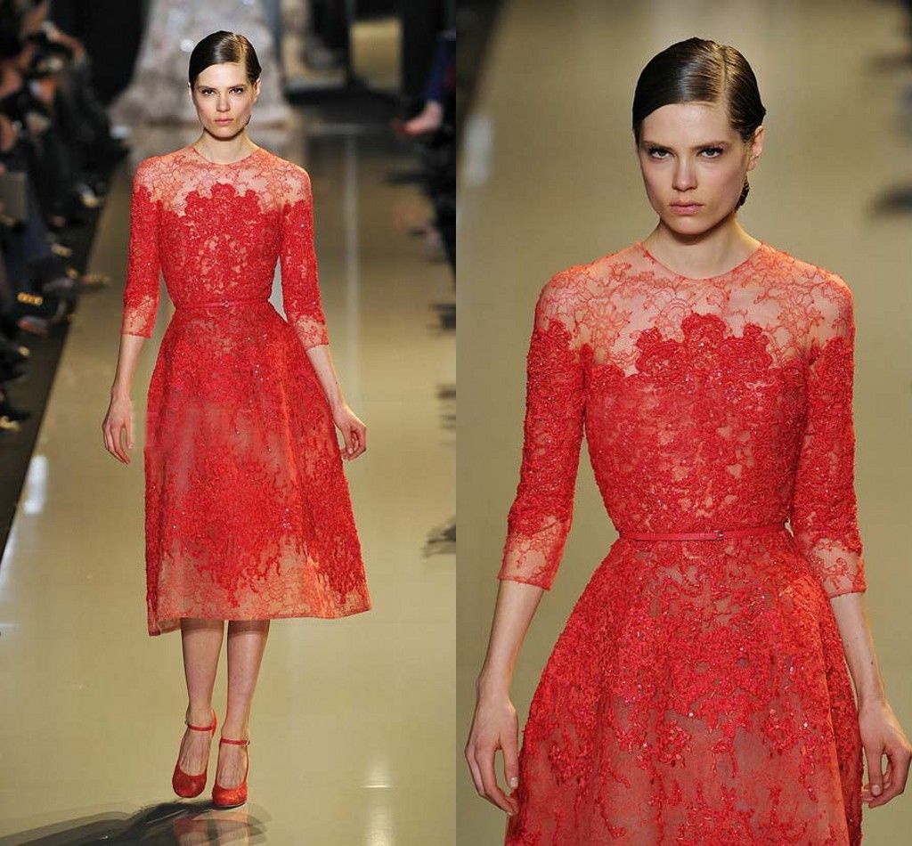 Fashion 2013 Elie Saab Red Lace 3/4 Long Sleeves Boat Neck Knee Length ...