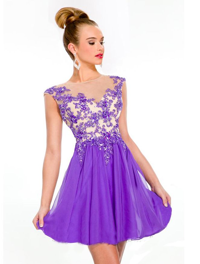 Purple Sequin 2016 Party Dress Lace Cap Sleeve Appliques Short ...